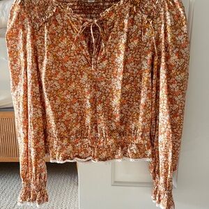 American Eagle Outfitters Orange Floral Tie-Neck Blouse